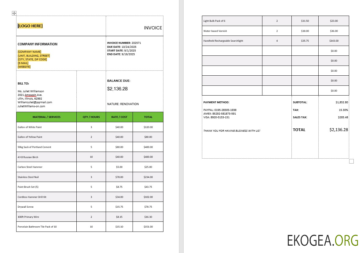 Modèle de facture de calcul des taxes générales